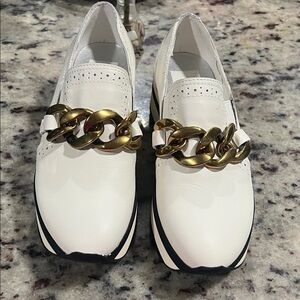 Dolce Vita White Flats with Gold Chain Detail